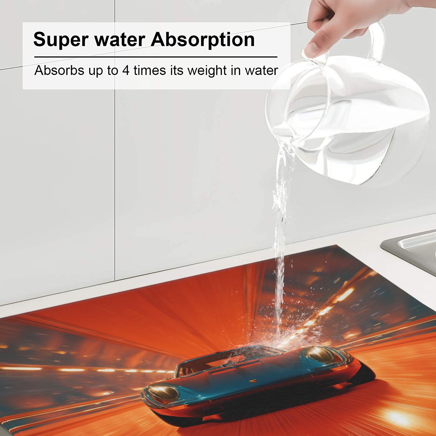 2-Pack Absorbent Kitchen Counter Drying Mats ā Racing Car in Tunnel Design ā Fast-Dry with Hanging Loop ā 18x16 in ā Non-Slip Backing